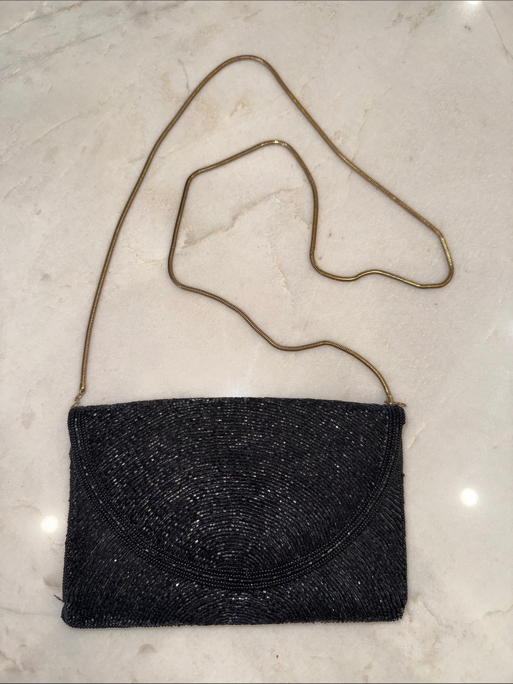 Vintage Black Beaded Evening Crossbody Bag with Gold Chain